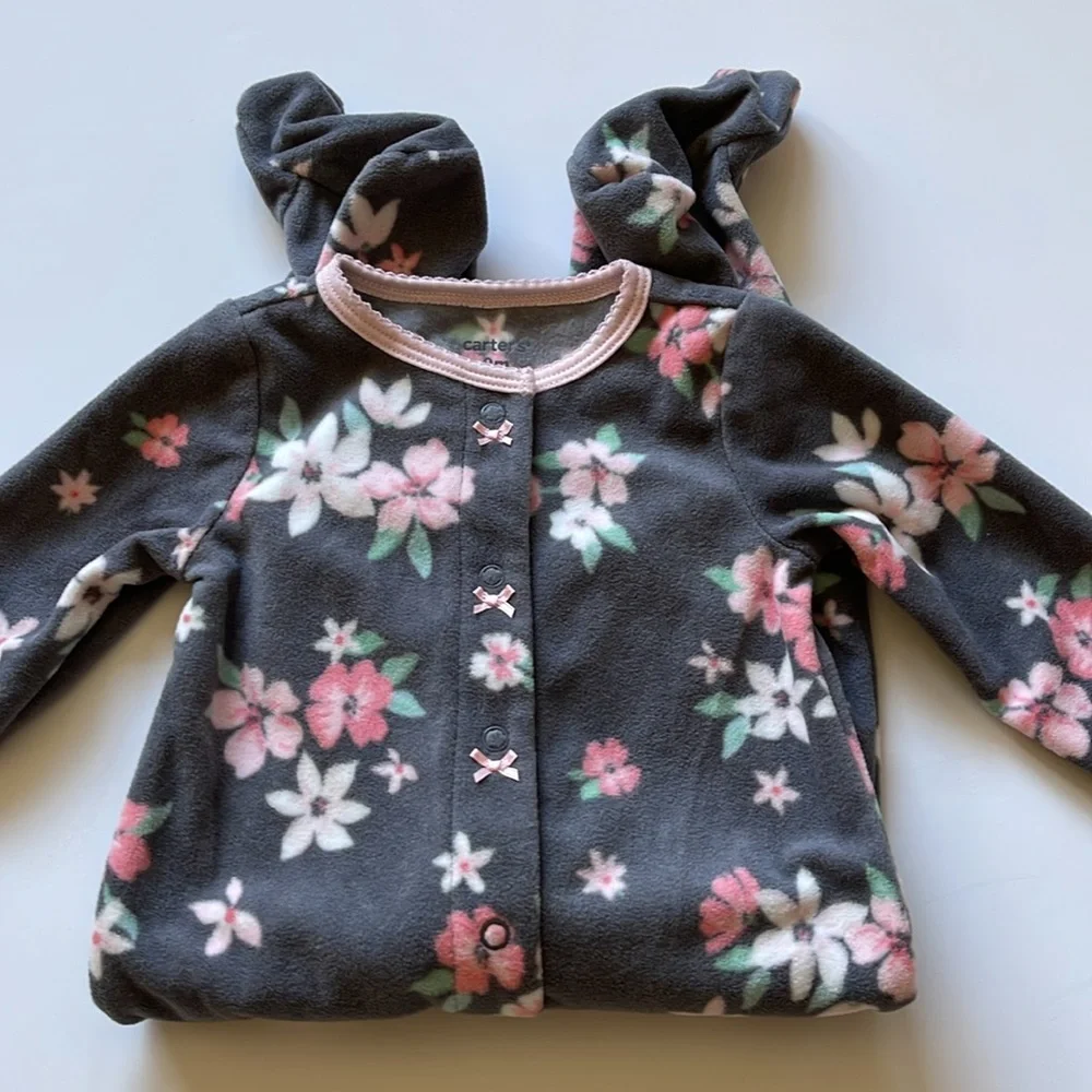Carter's Baby Cozy Pajamas, Dark Grey with Pink & Coral Flower Print, Sz 9 Month